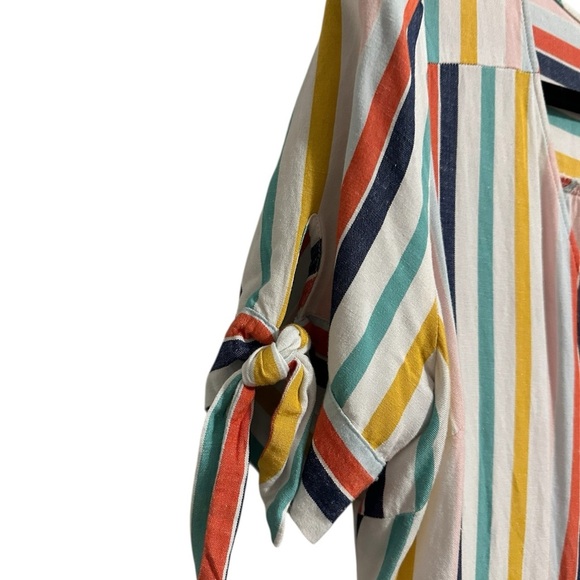 a.n.a Rainbow Striped Midi Sundress with V-Neck and Cuffed Sleeves Linen Blend L - Picture 8 of 10